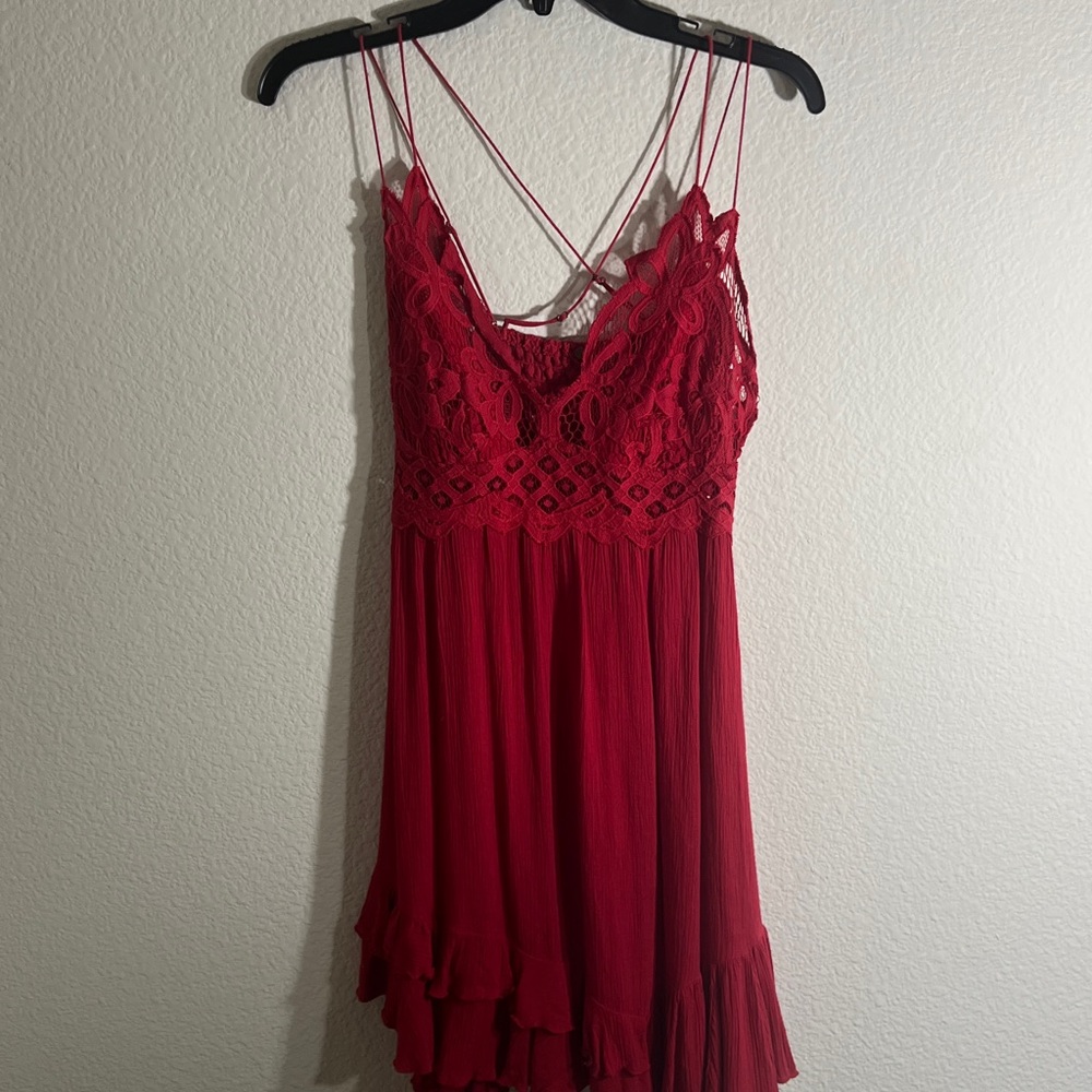 Free People Adella Red Lace Dress Boho SZ XL Beach Peasant Red Lace-Trim Swing - Picture 6 of 12